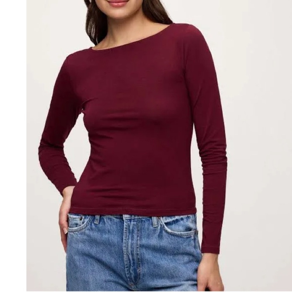 Nuuds Women's Slinky Jersey Boat Neck Long Sleeve Shirt Top in Ruby Size Large